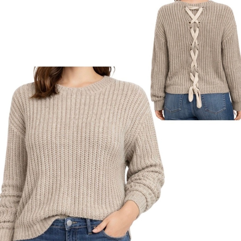 Tobi Womens Lace Up Back Ribbed‎ Knit Chunky Crew Neck Sweater Oatmeal Beige S